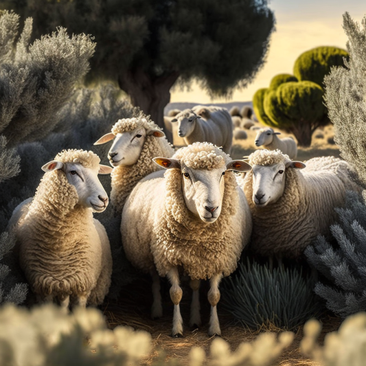 Image d'un troupeau de mérinos d'Arles dans un paysage du sud de la france